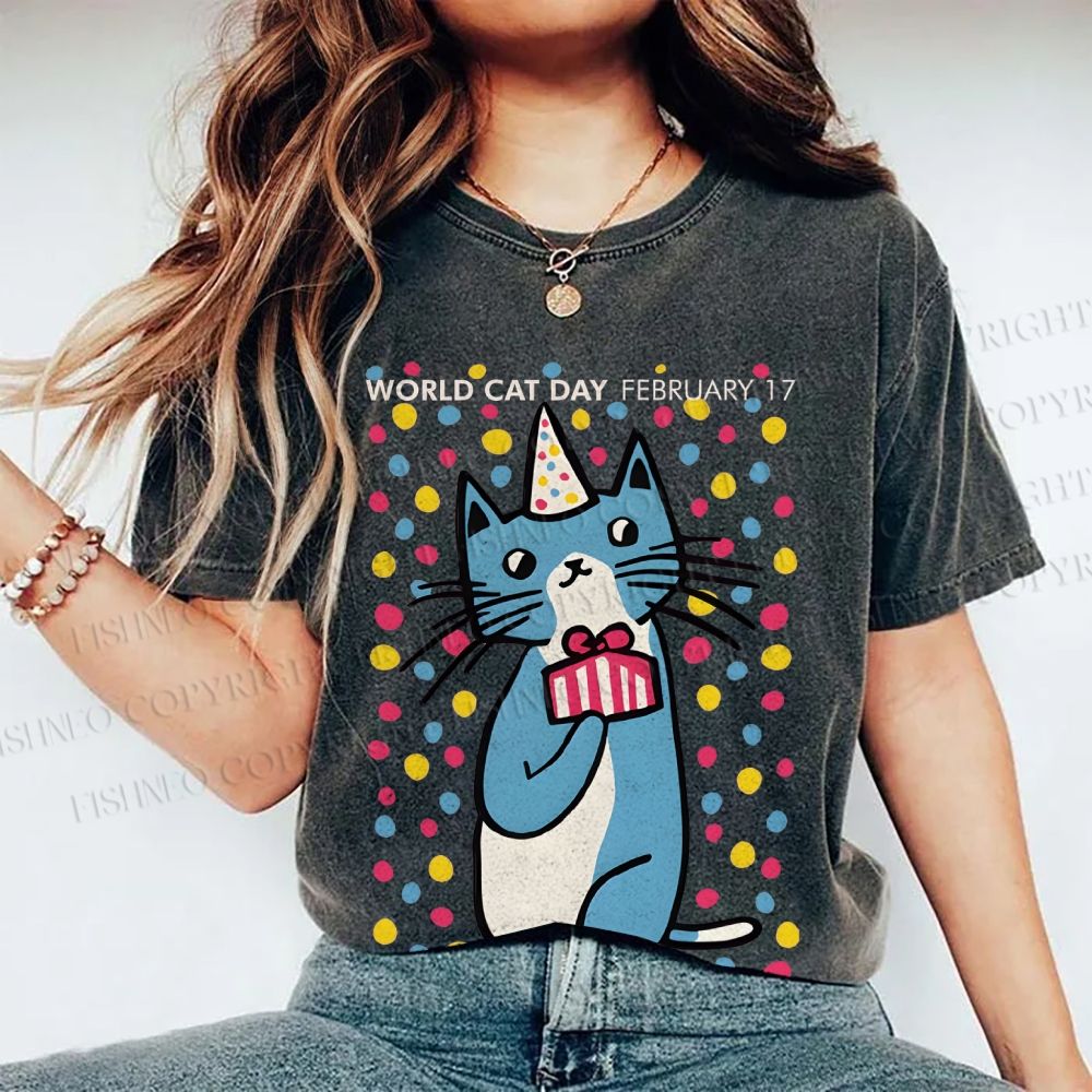 Unisex Colorful Cat Printed Washed Tee