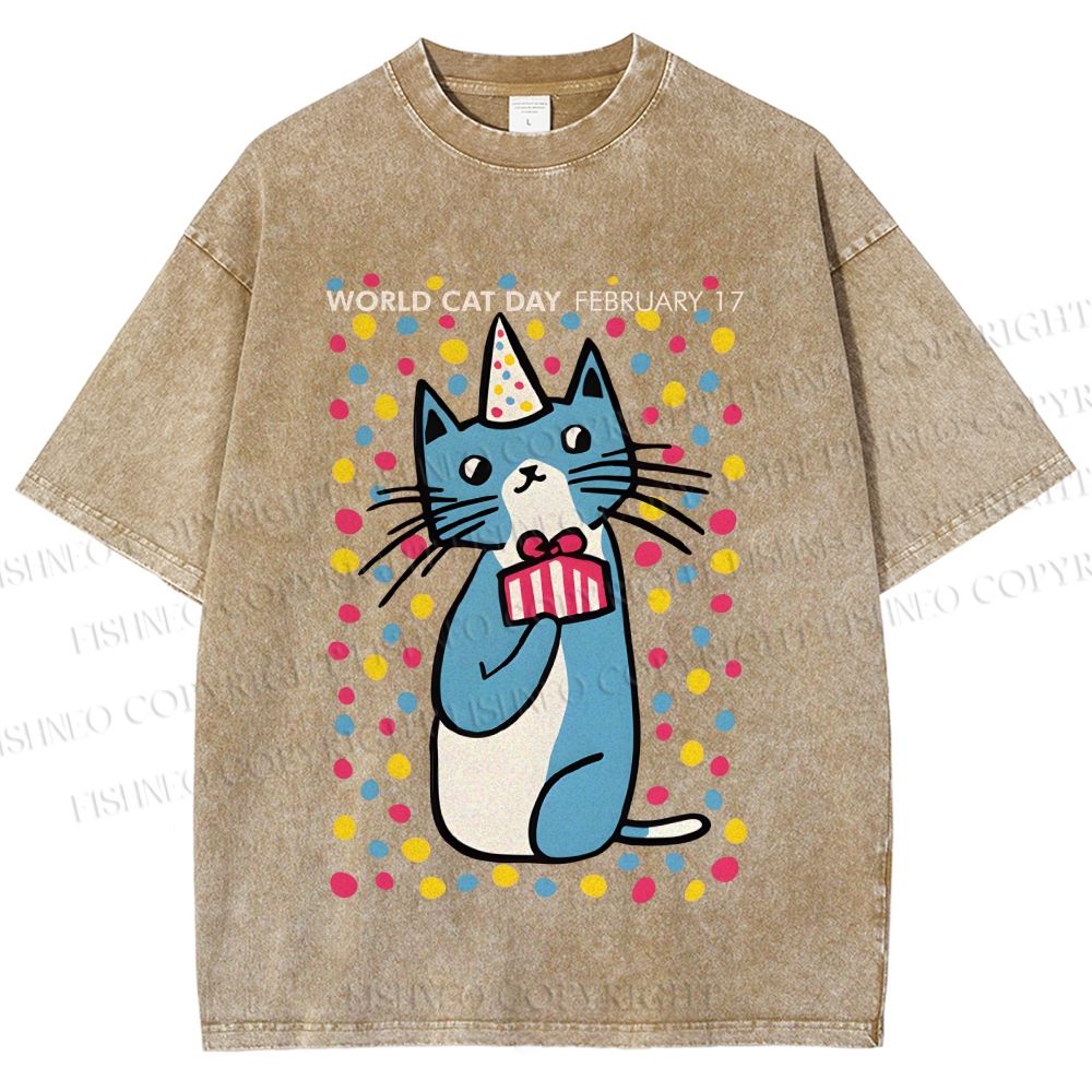 Unisex Colorful Cat Printed Washed Tee