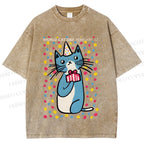 Unisex Colorful Cat Printed Washed Tee
