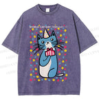Unisex Colorful Cat Printed Washed Tee