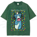 Unisex Colorful Cat Printed Washed Tee