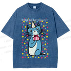 Unisex Colorful Cat Printed Washed Tee