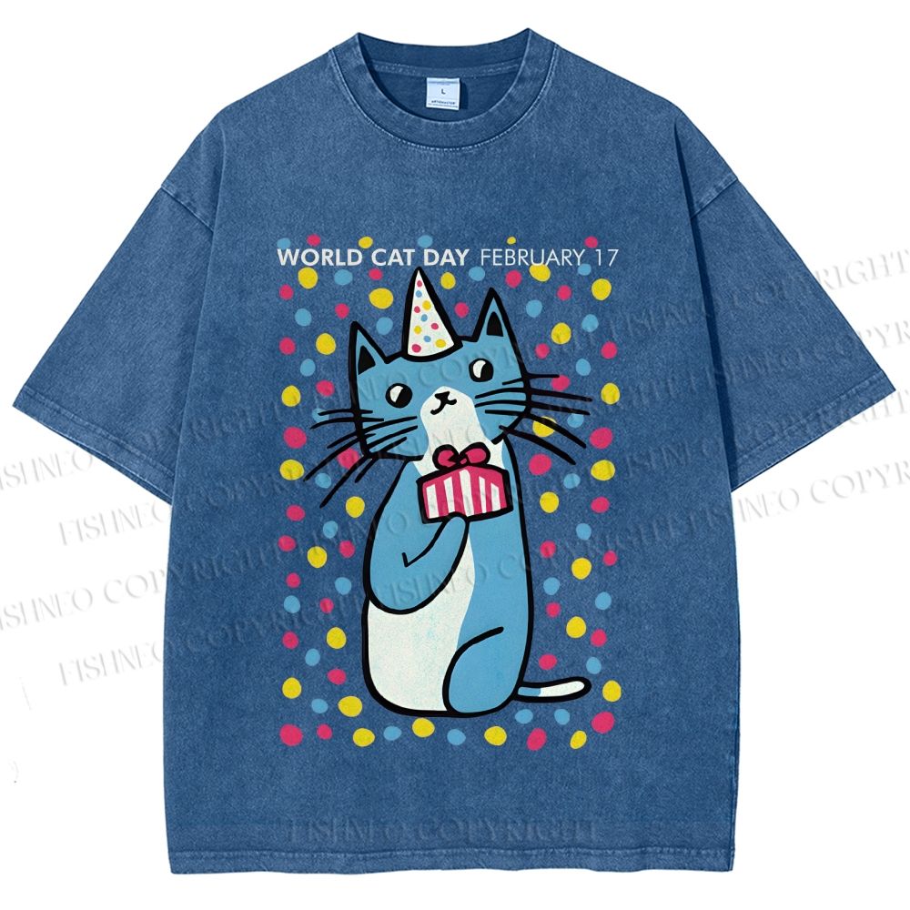 Unisex Colorful Cat Printed Washed Tee
