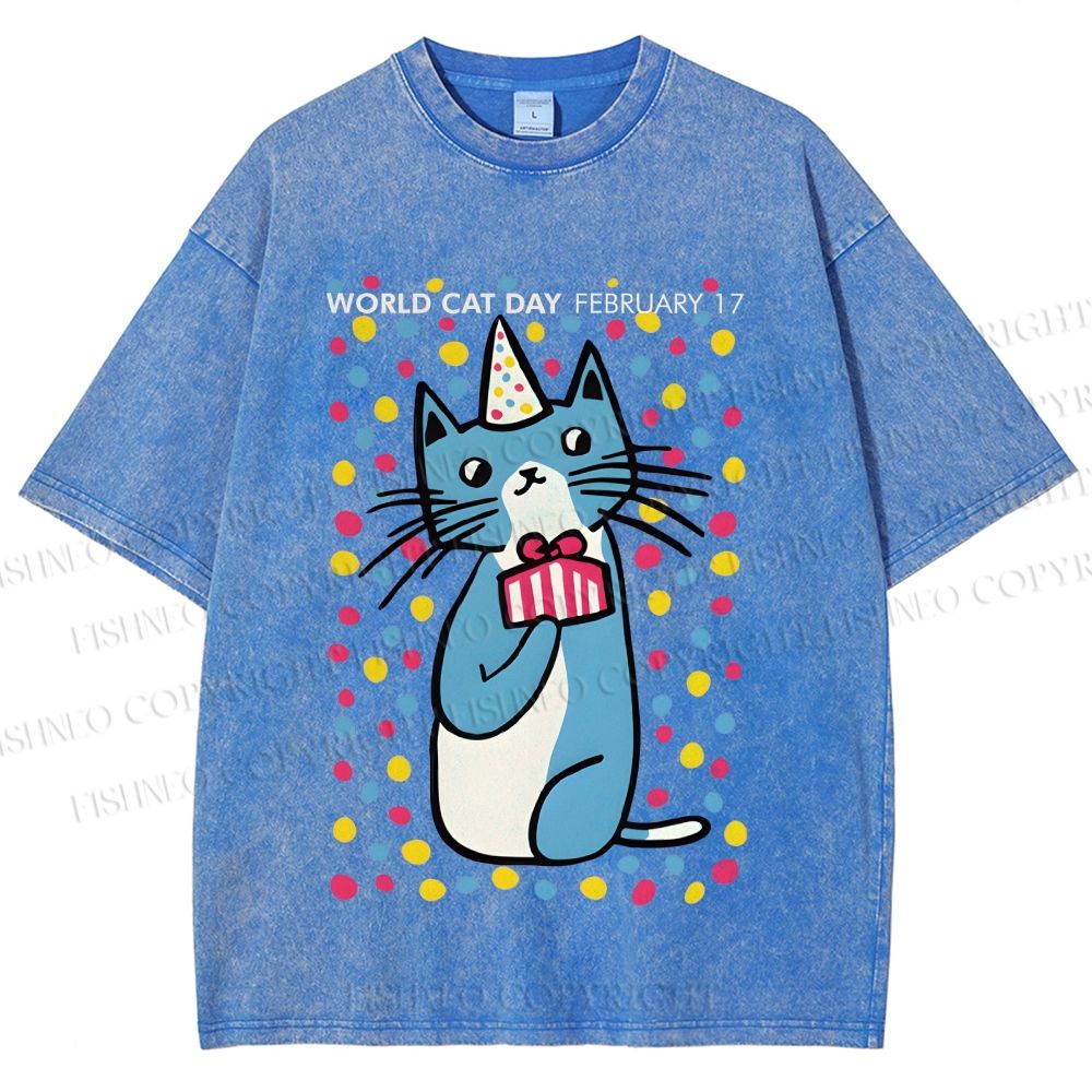 Unisex Colorful Cat Printed Washed Tee