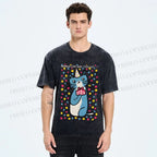 Unisex Colorful Cat Printed Washed Tee
