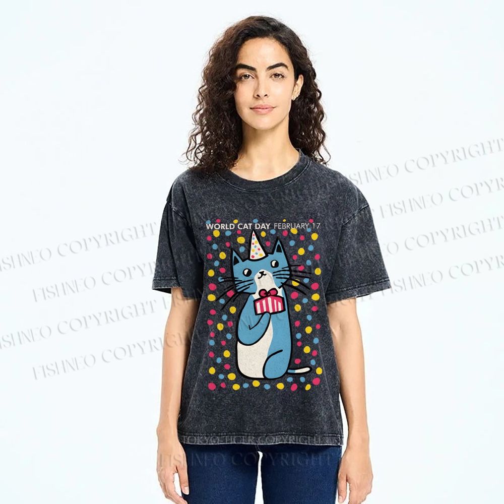 Unisex Colorful Cat Printed Washed Tee