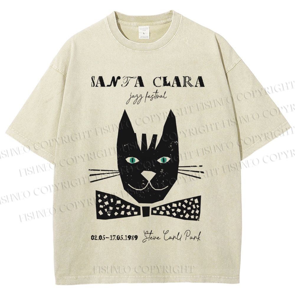 Unisex Vintage Bow Cat Printed Washed Tee
