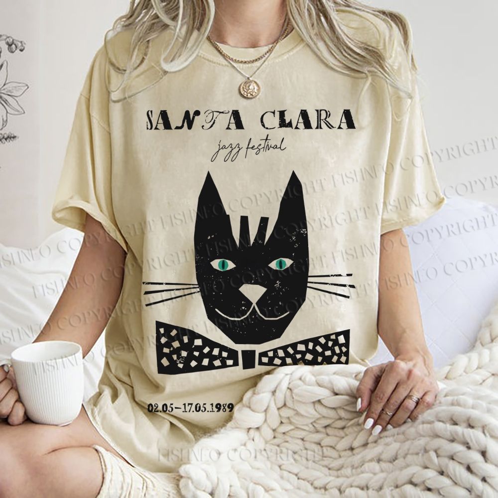 Unisex Vintage Bow Cat Printed Washed Tee
