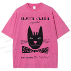 Unisex Vintage Bow Cat Printed Washed Tee