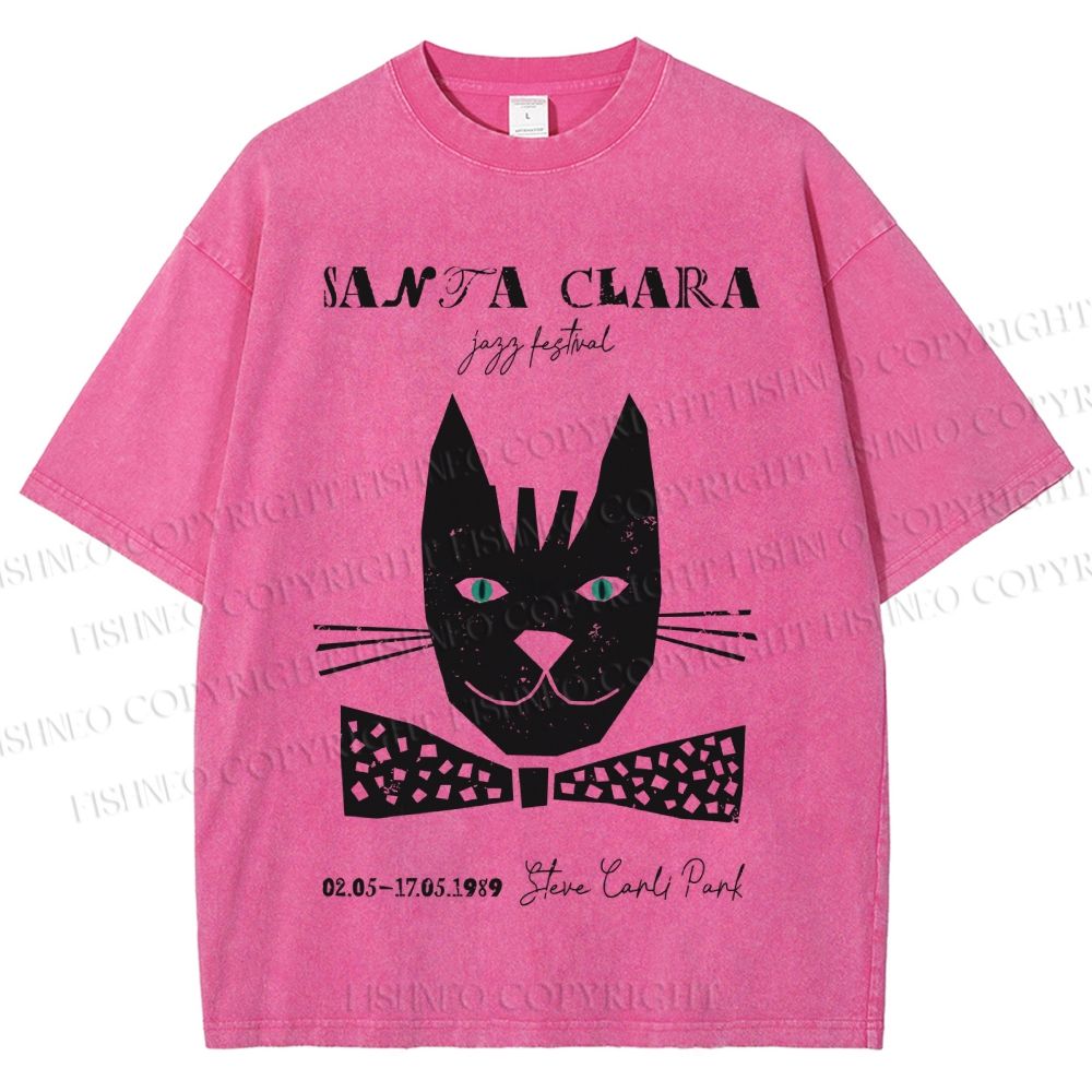 Unisex Vintage Bow Cat Printed Washed Tee