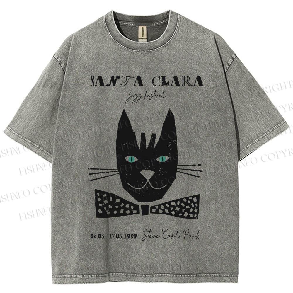 Unisex Vintage Bow Cat Printed Washed Tee