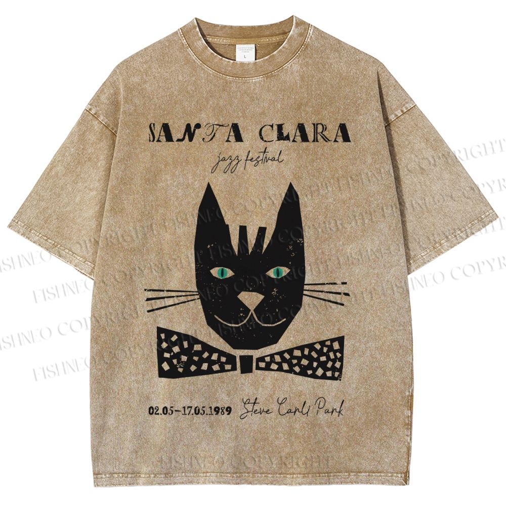 Unisex Vintage Bow Cat Printed Washed Tee