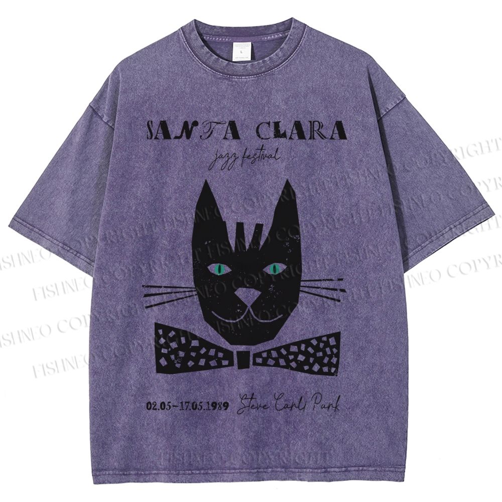 Unisex Vintage Bow Cat Printed Washed Tee