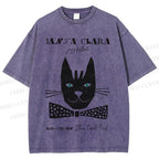 Unisex Vintage Bow Cat Printed Washed Tee
