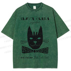 Unisex Vintage Bow Cat Printed Washed Tee