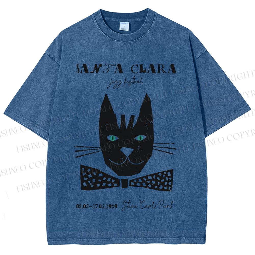 Unisex Vintage Bow Cat Printed Washed Tee