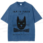 Unisex Vintage Bow Cat Printed Washed Tee