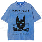 Unisex Vintage Bow Cat Printed Washed Tee