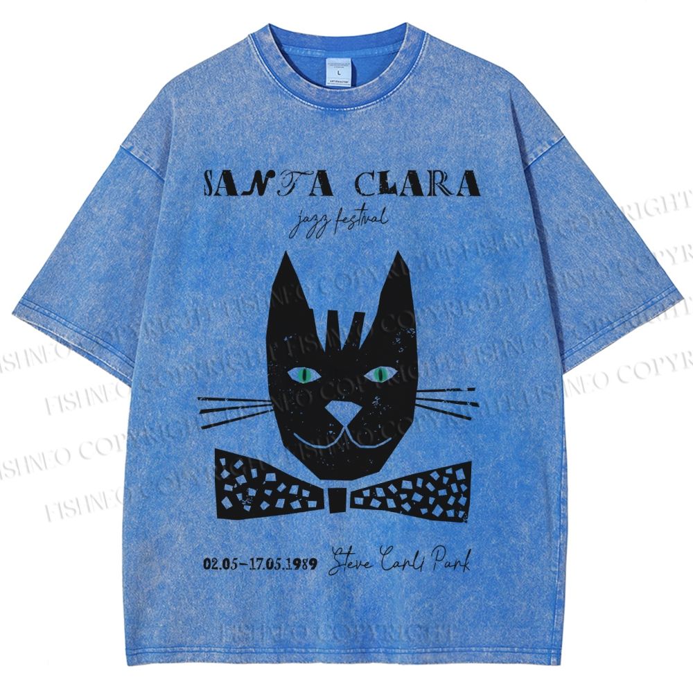 Unisex Vintage Bow Cat Printed Washed Tee