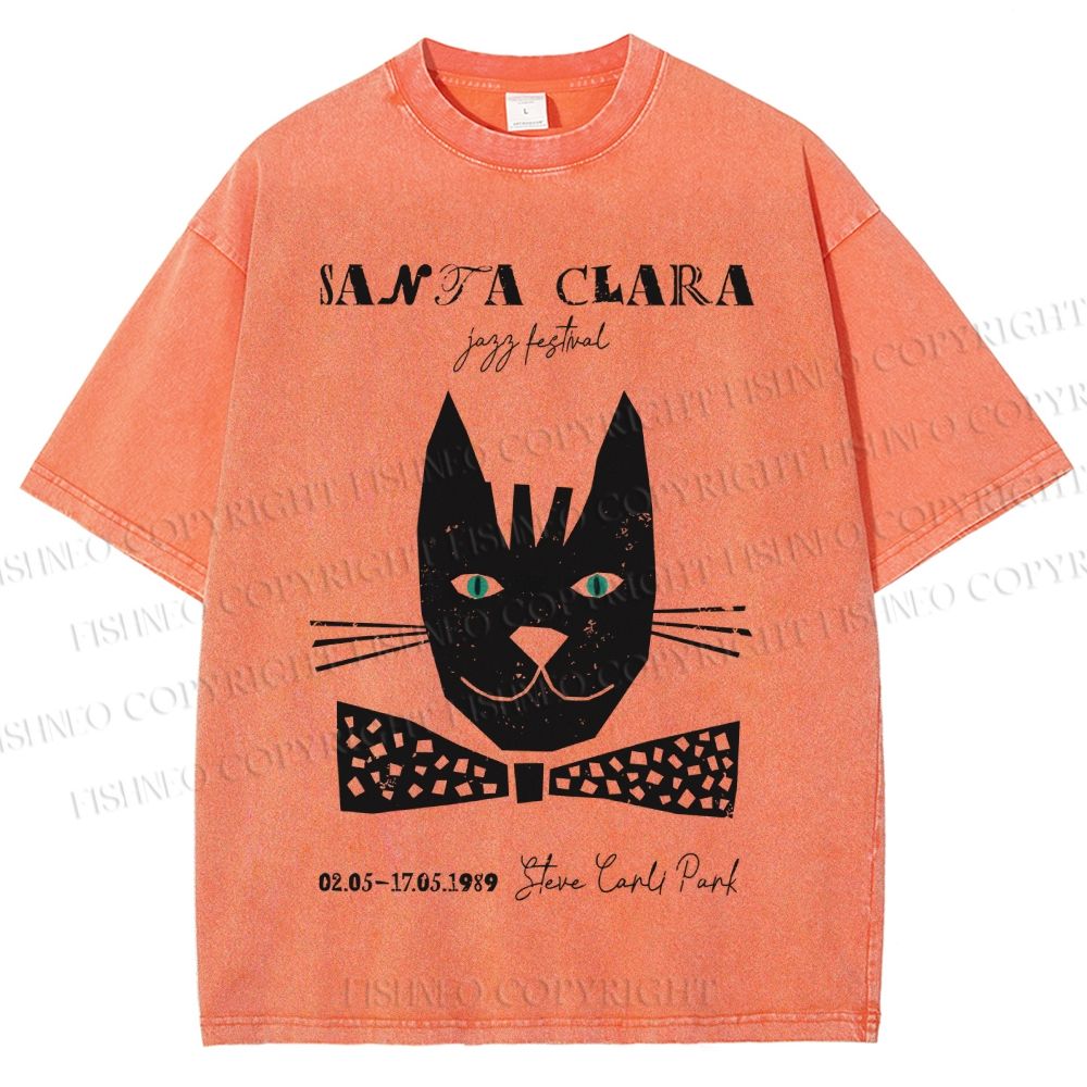 Unisex Vintage Bow Cat Printed Washed Tee