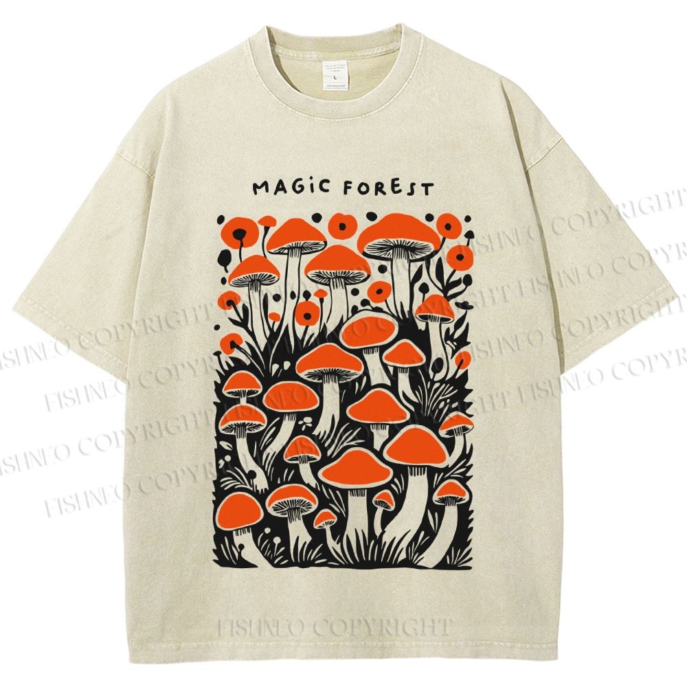 Unisex Magic Forest Mushrooms Printed Washed Tee