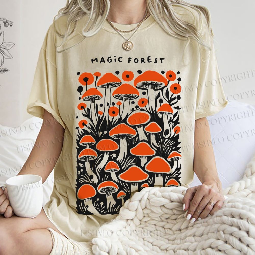 Unisex Magic Forest Mushrooms Printed Washed Tee