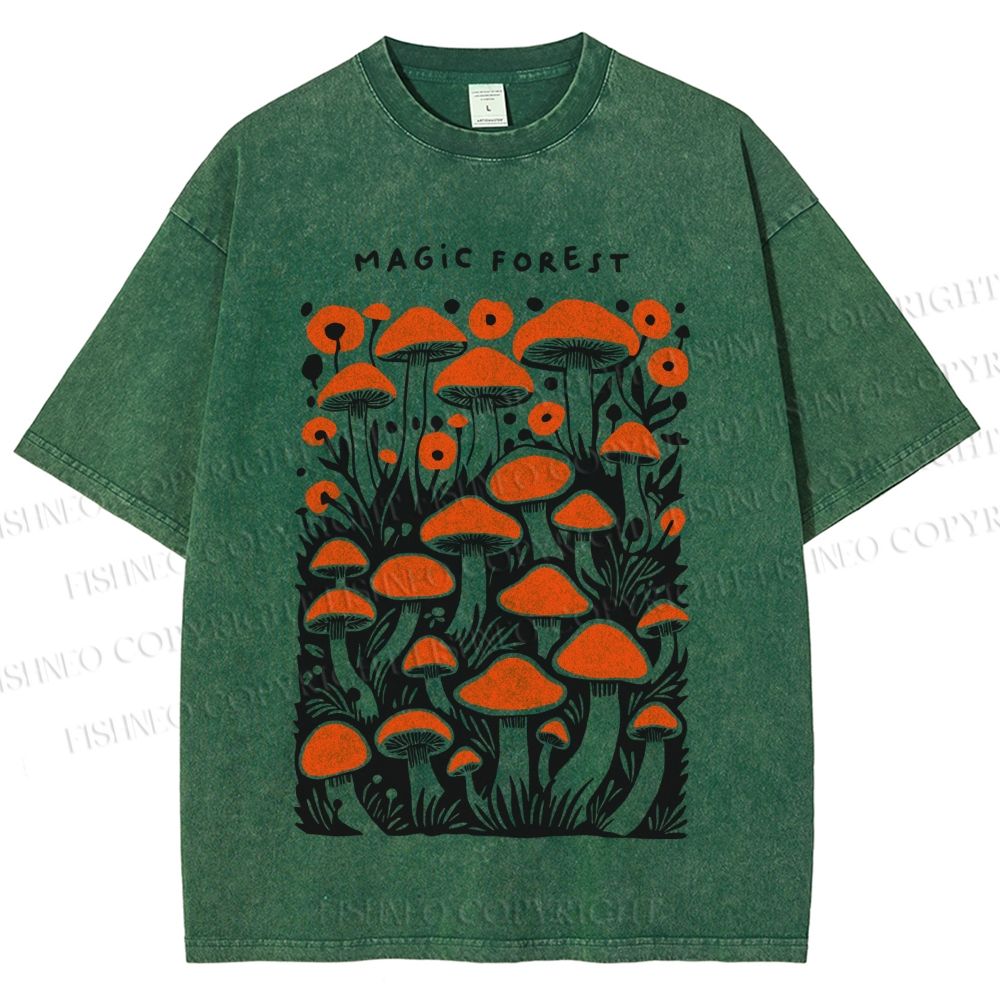 Unisex Magic Forest Mushrooms Printed Washed Tee