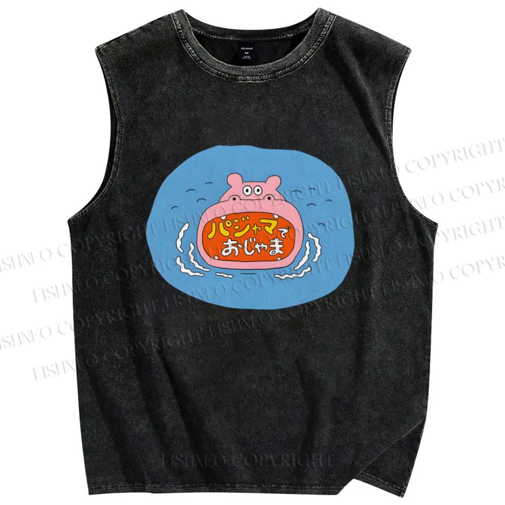 Unisex Cartoon Hippopotamus Printed Washed Tank Top
