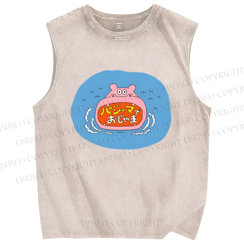 Unisex Cartoon Hippopotamus Printed Washed Tank Top