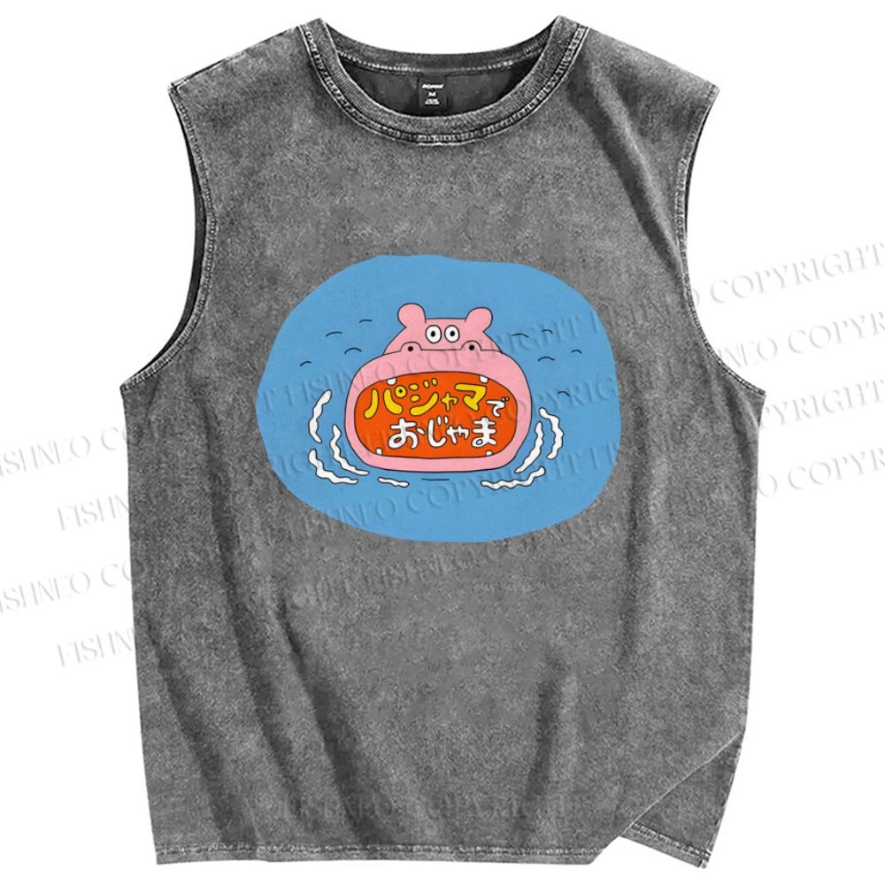 Unisex Cartoon Hippopotamus Printed Washed Tank Top