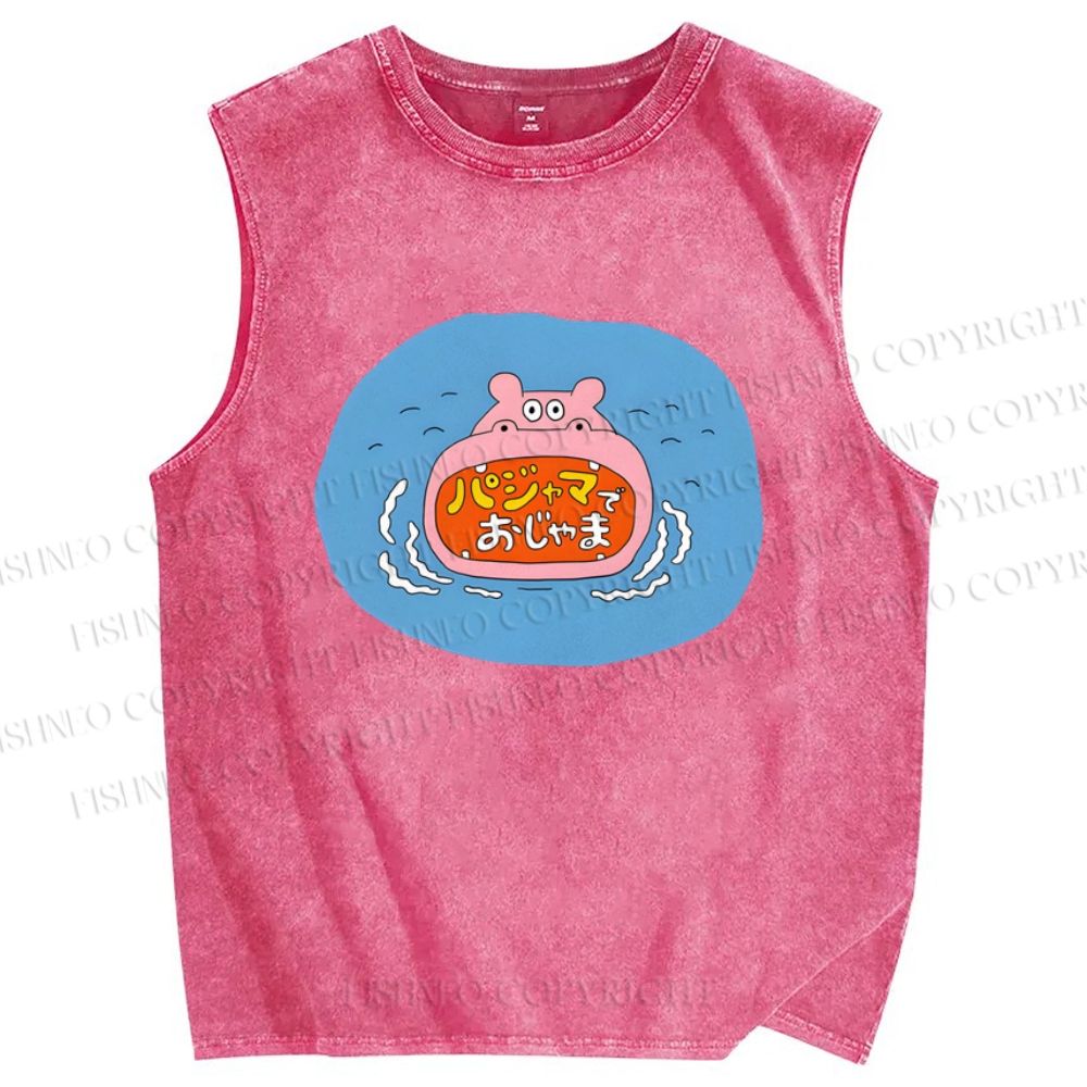 Unisex Cartoon Hippopotamus Printed Washed Tank Top