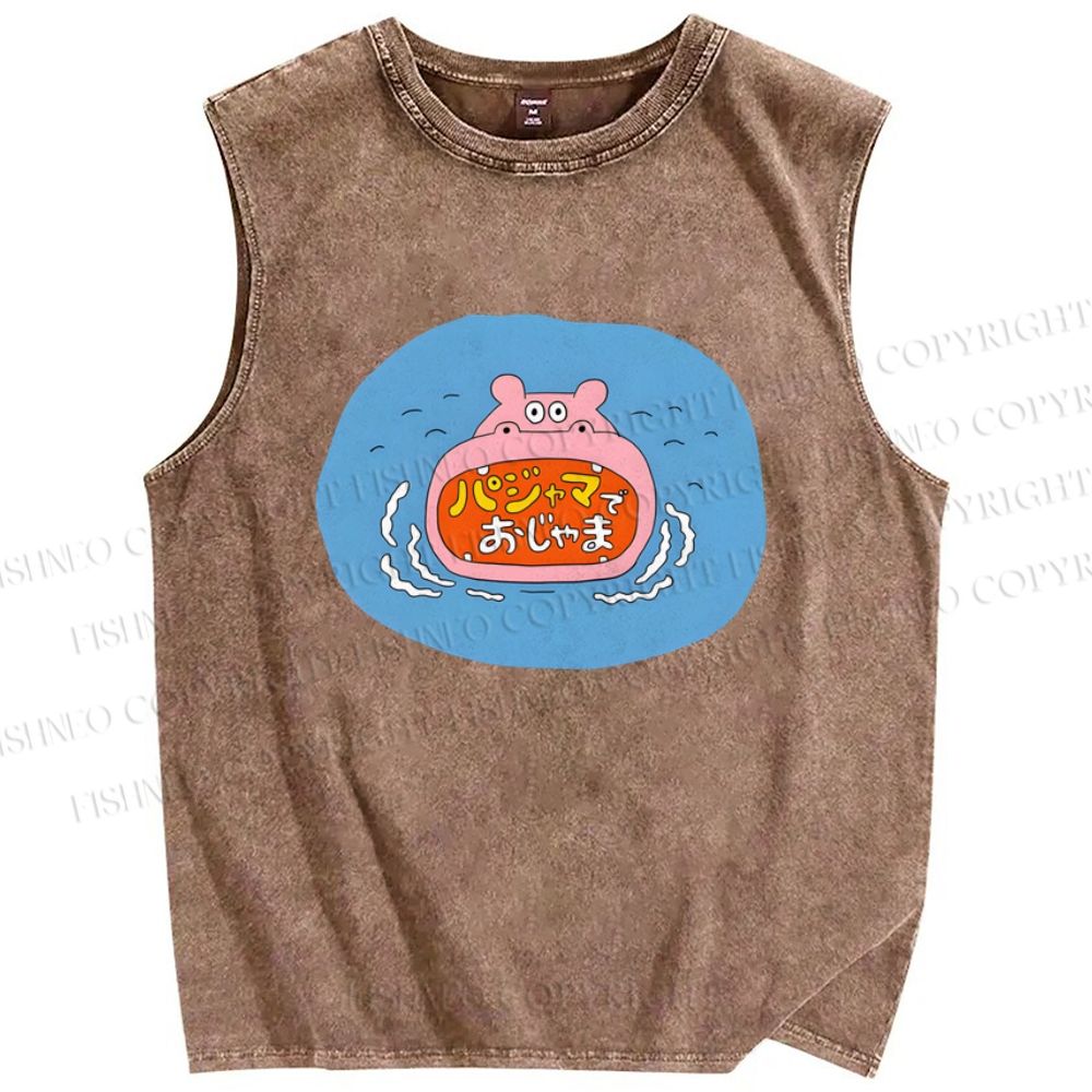 Unisex Cartoon Hippopotamus Printed Washed Tank Top