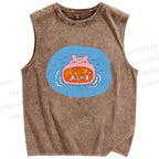 Unisex Cartoon Hippopotamus Printed Washed Tank Top
