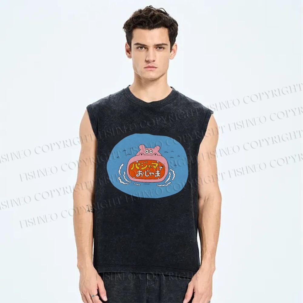 Unisex Cartoon Hippopotamus Printed Washed Tank Top