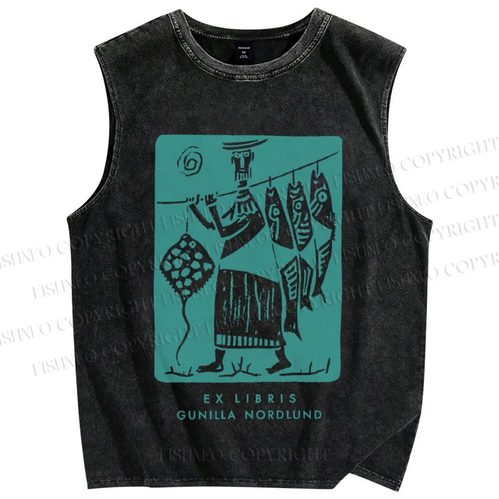 Unisex Vintage Sardine Fish Graffiti Printed Washed Tank Top
