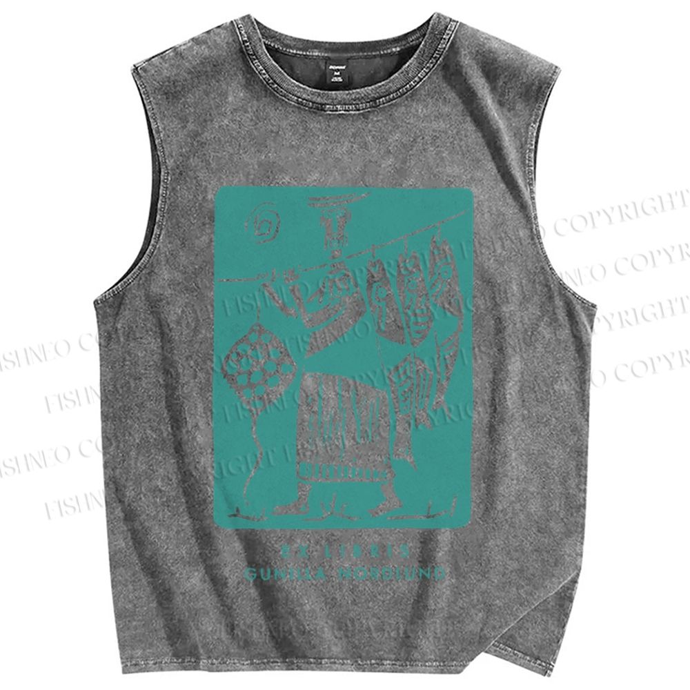 Unisex Vintage Sardine Fish Graffiti Printed Washed Tank Top