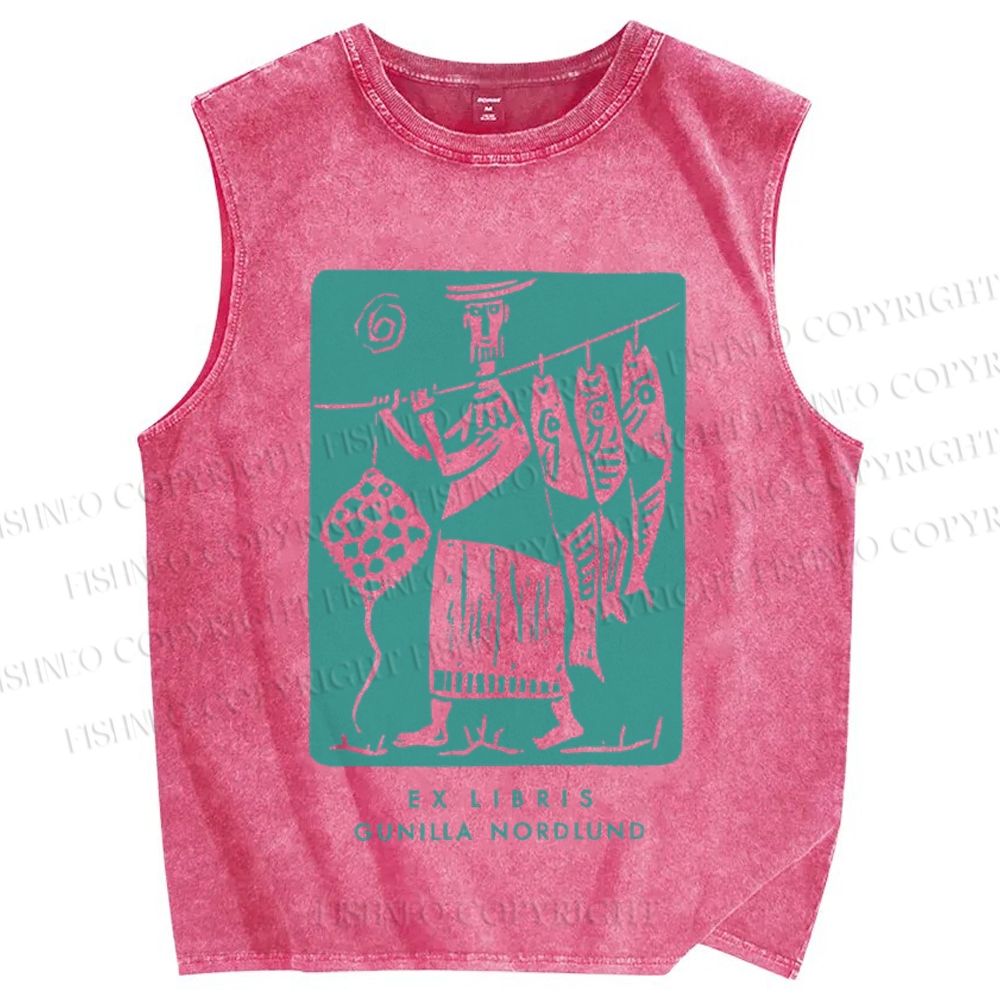 Unisex Vintage Sardine Fish Graffiti Printed Washed Tank Top
