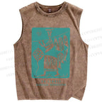 Unisex Vintage Sardine Fish Graffiti Printed Washed Tank Top