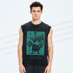 Unisex Vintage Sardine Fish Graffiti Printed Washed Tank Top