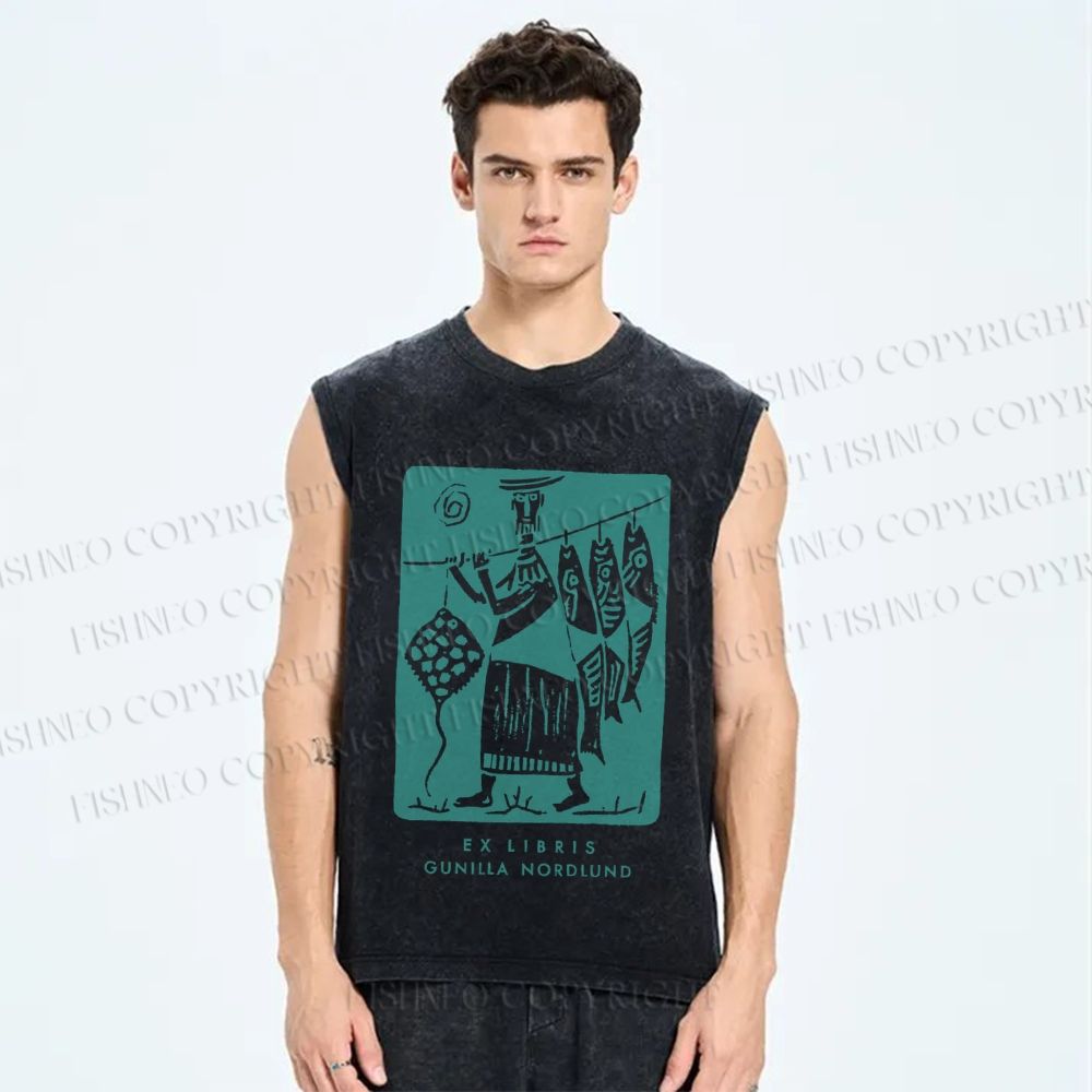 Unisex Vintage Sardine Fish Graffiti Printed Washed Tank Top