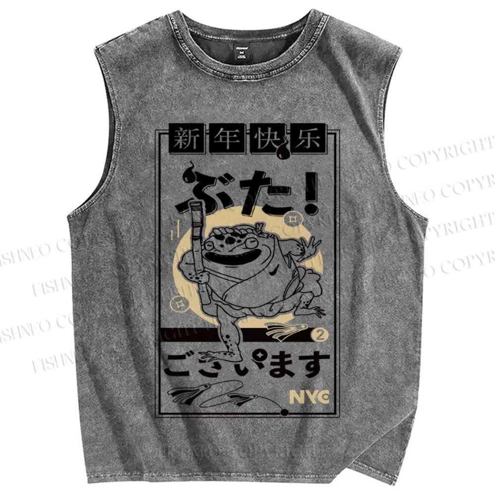 Unisex Vintage Japanese Frog Printed Washed Tank Top