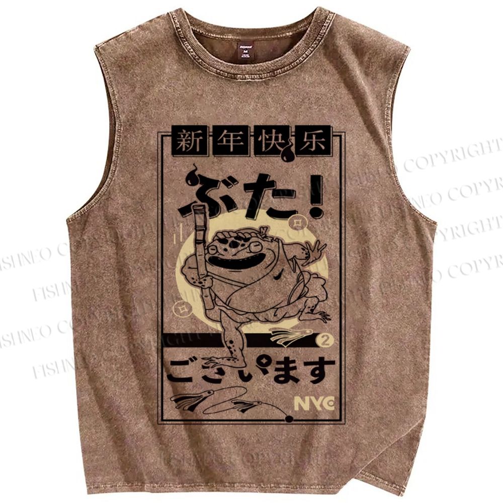Unisex Vintage Japanese Frog Printed Washed Tank Top