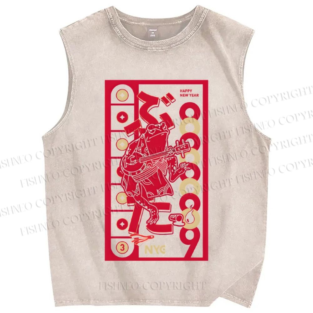 Unisex Vintage Japanese Frog Printed Washed Tank Top