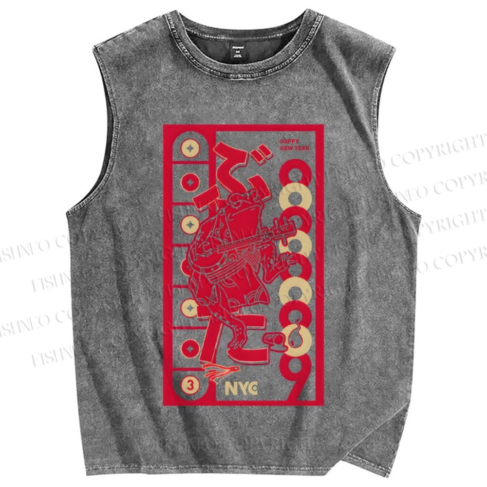 Unisex Vintage Japanese Frog Printed Washed Tank Top