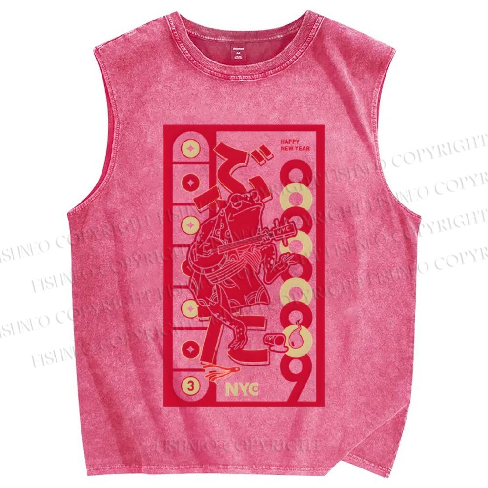 Unisex Vintage Japanese Frog Printed Washed Tank Top