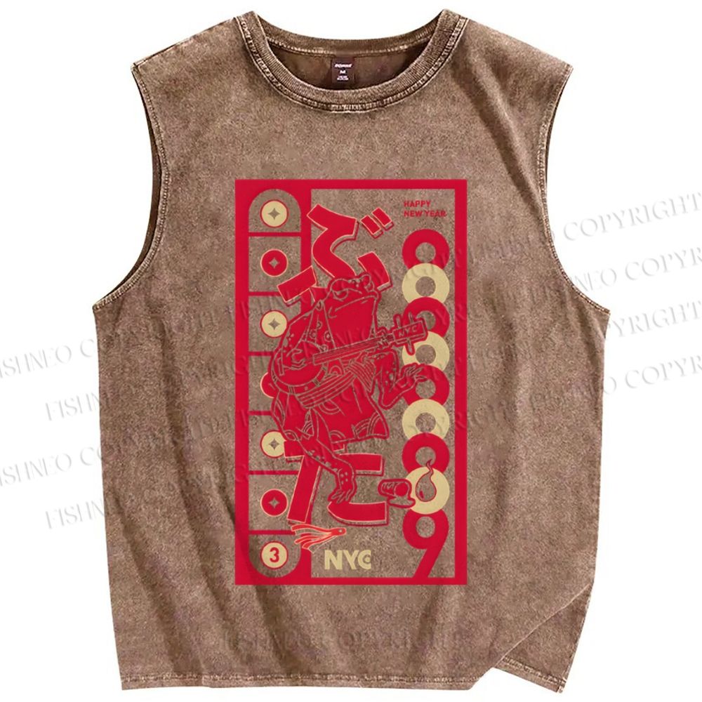 Unisex Vintage Japanese Frog Printed Washed Tank Top