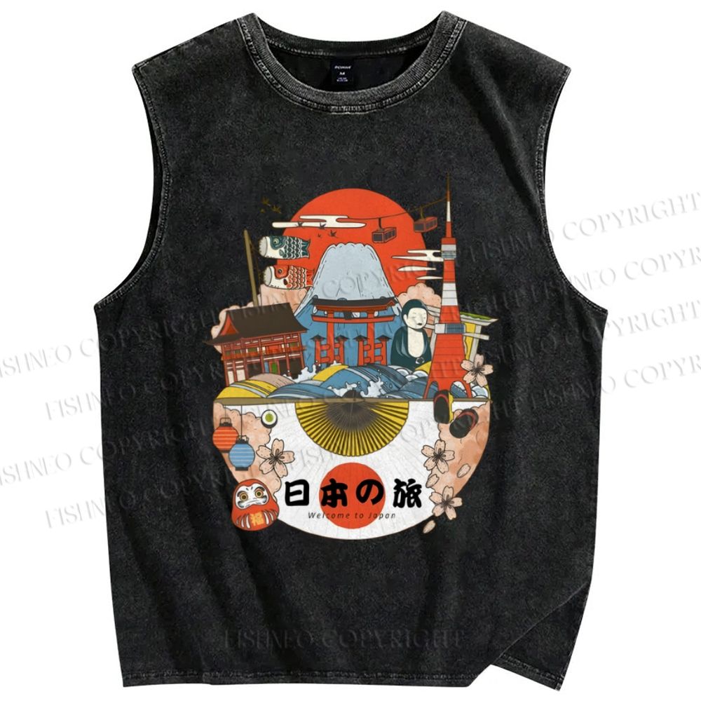 Unisex Vintage Japanese Art Printed Washed Tank Top