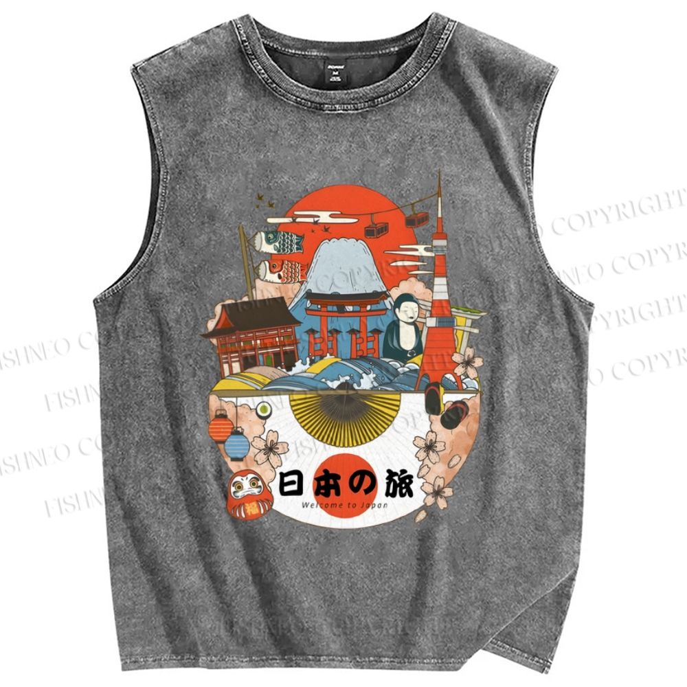 Unisex Vintage Japanese Art Printed Washed Tank Top