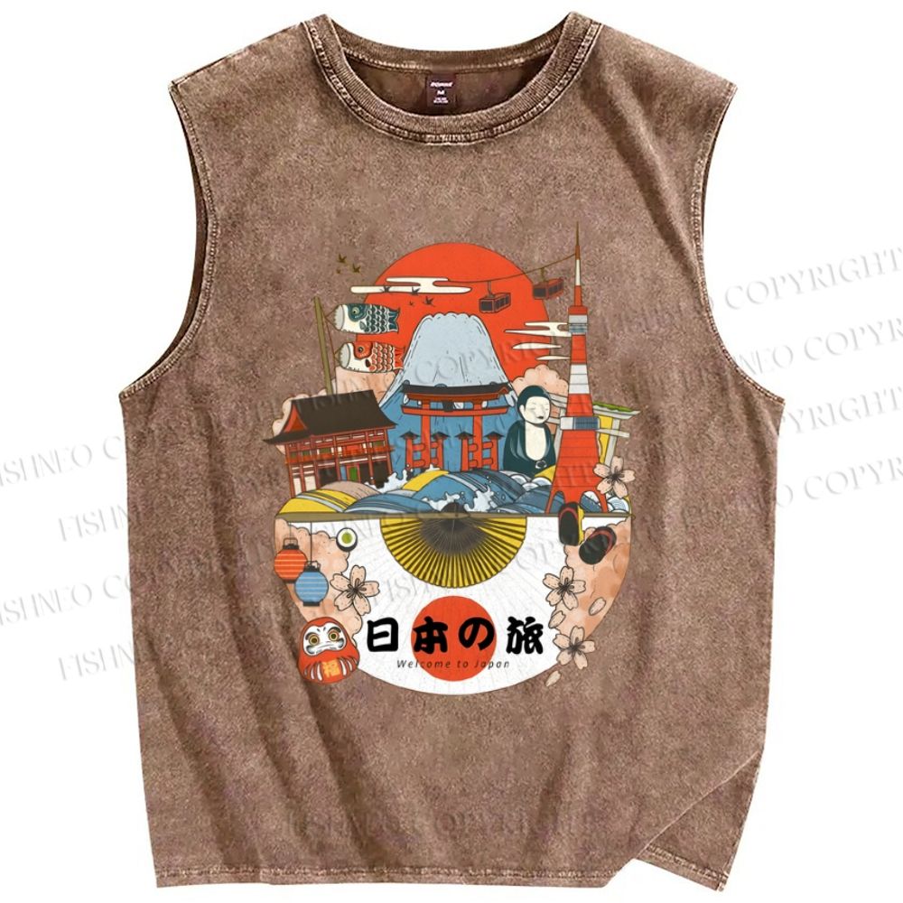 Unisex Vintage Japanese Art Printed Washed Tank Top