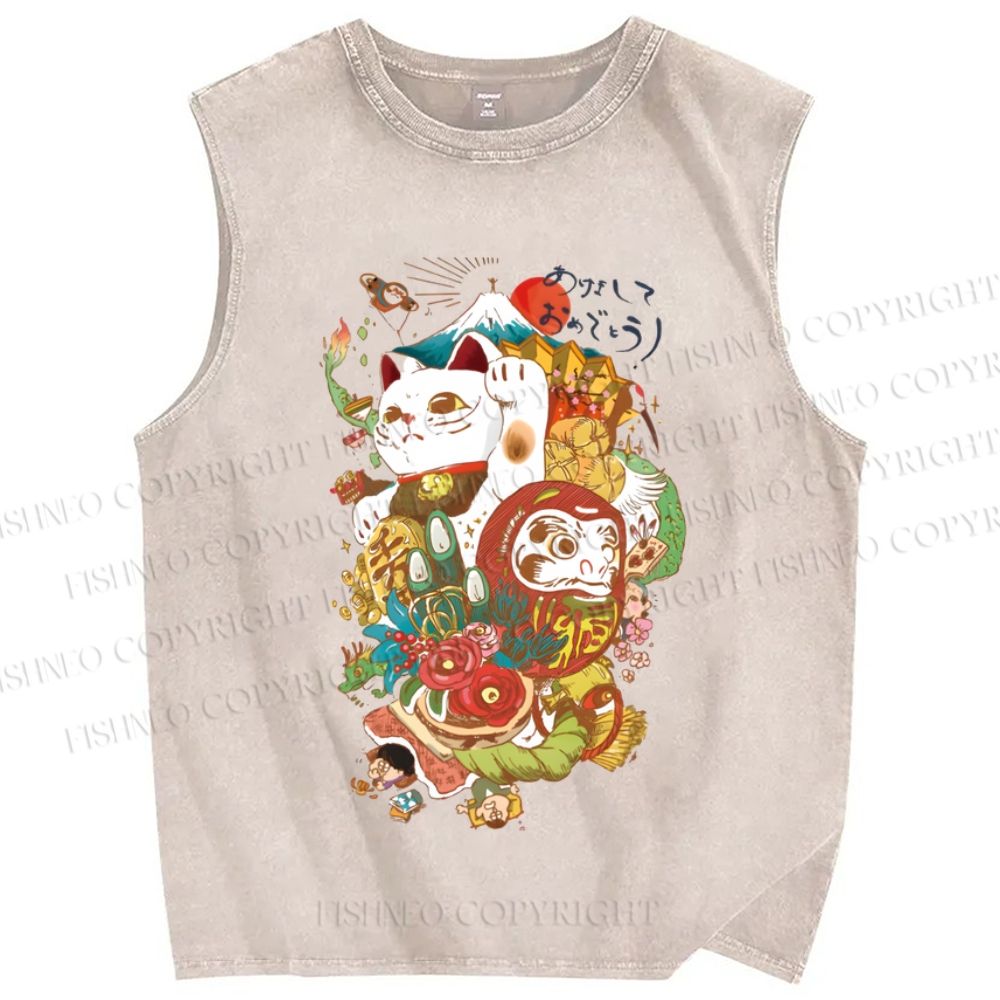 Unisex Vintage Japanese Art Printed Washed Tank Top
